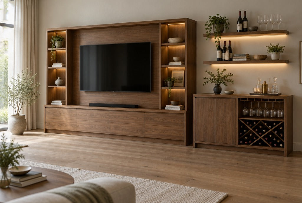 A living room wall with a solid wood TV wall unit with softly lit shelves, a bar cabinet with wine storage beside it and floating wine shelves above, wide-plank floors