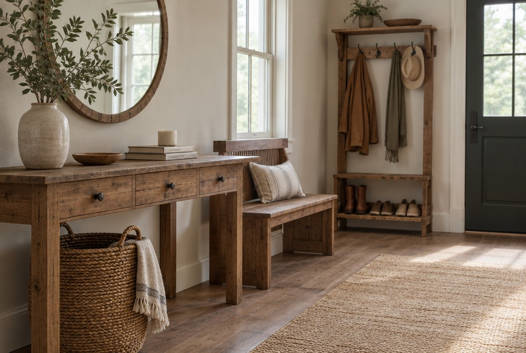 A farmhouse entryway with a solid wood console table, a wooden entryway bench, a rustic coat rack with shoe shelf, a round mirror and a basket