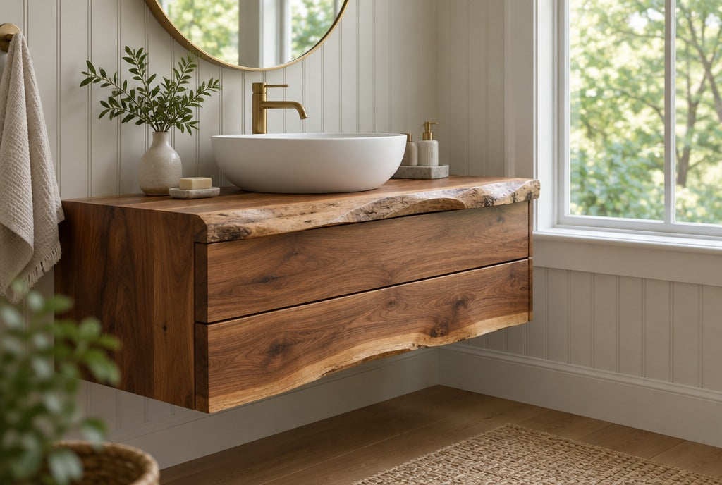 A live-edge solid wood floating bathroom vanity with two drawers and a white vessel sink, brass faucet, beadboard walls and a window with green trees