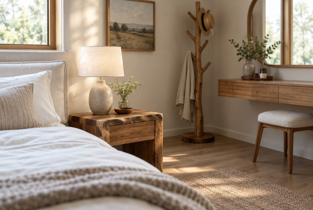 A calm farmhouse bedroom with a live-edge solid wood nightstand and lamp beside a white bed, a floating wood dressing table and a tree coat rack in the corner, soft morning light