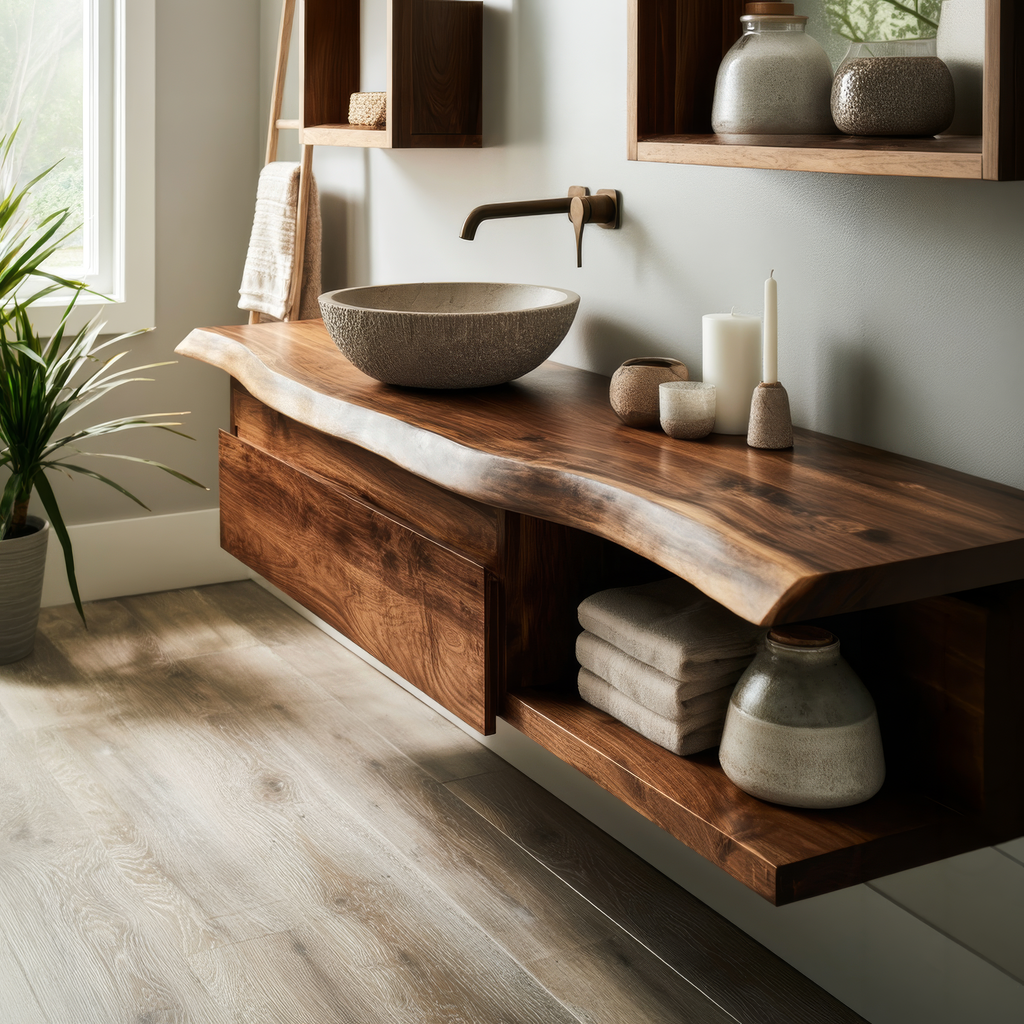 Aurelion Live Edge Solid Wood Floating Bathroom Vanity With Drawers