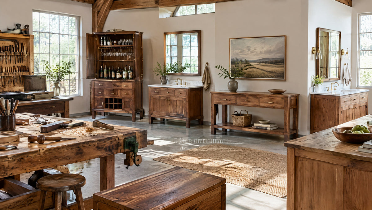 Inside a country cabinet shop with finished solid wood vanities, consoles and a bar cabinet