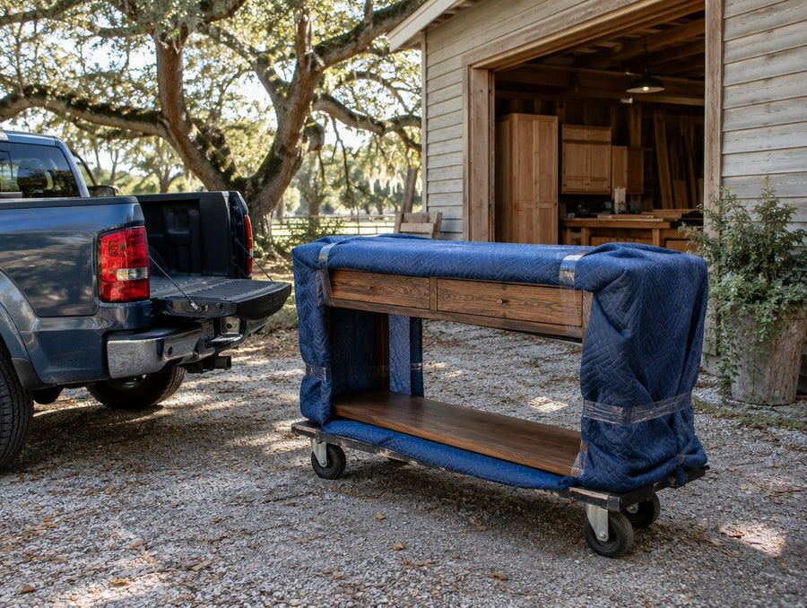 A solid wood console wrapped in moving blankets beside a pickup at a clapboard cabinet shop